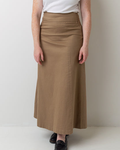 Wittenfelt Taupe A-Line Maxi Skirt, front view showing high waist and A-line silhouette