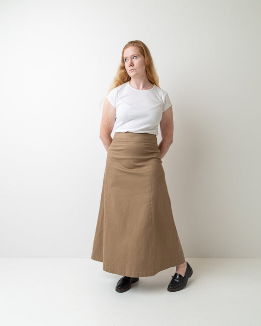 Wittenfelt Taupe A-Line Maxi Skirt, front view with relaxed pose