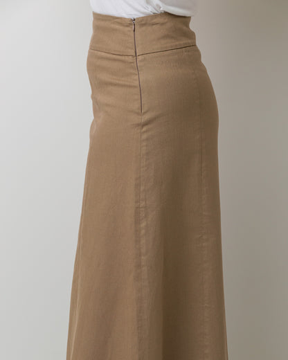Wittenfelt Taupe A-Line Maxi Skirt, side view showing high waist and side zip